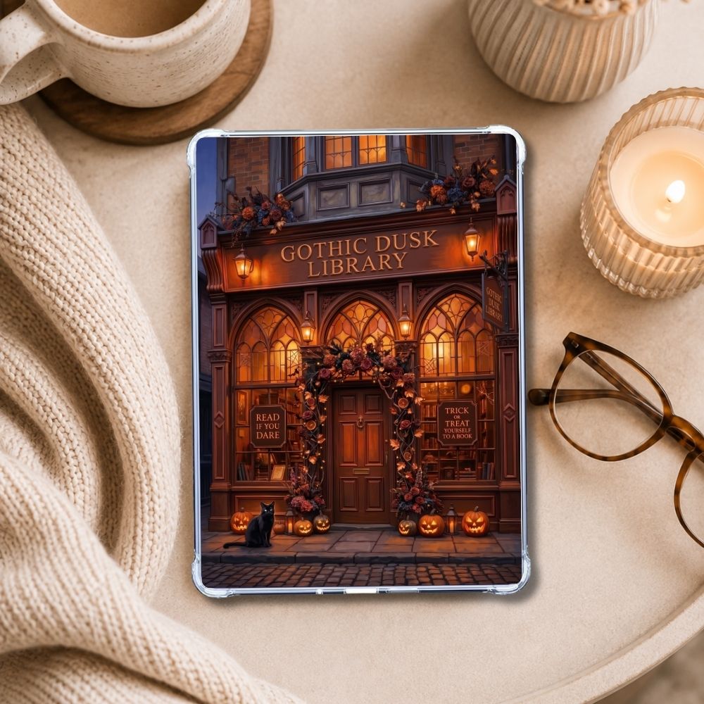 Gothic Dusk Library Kindle insert styled in a clear eReader case