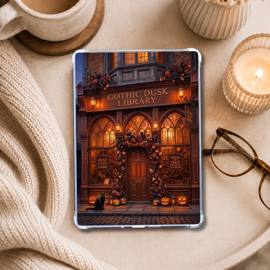 Gothic Dusk Library Kindle insert styled in a clear eReader case