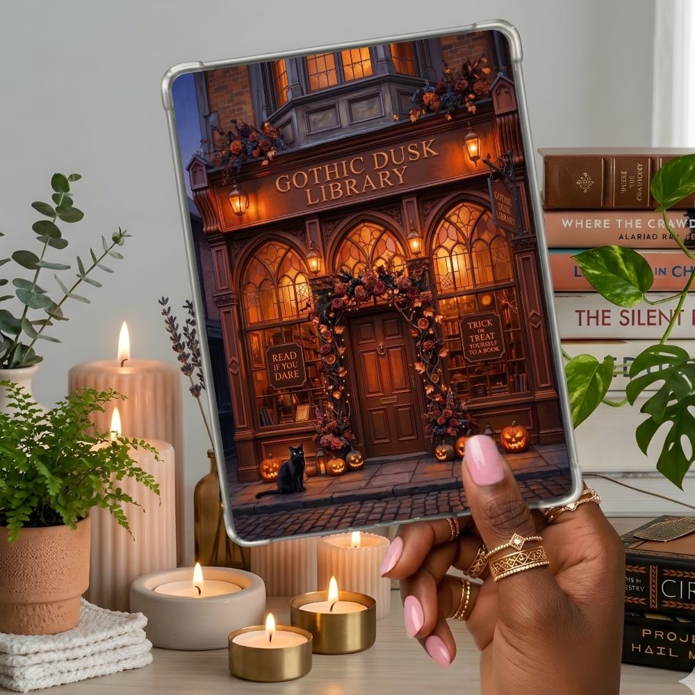 Gothic Dusk Library Kindle insert second lifestyle view in a clear eReader case