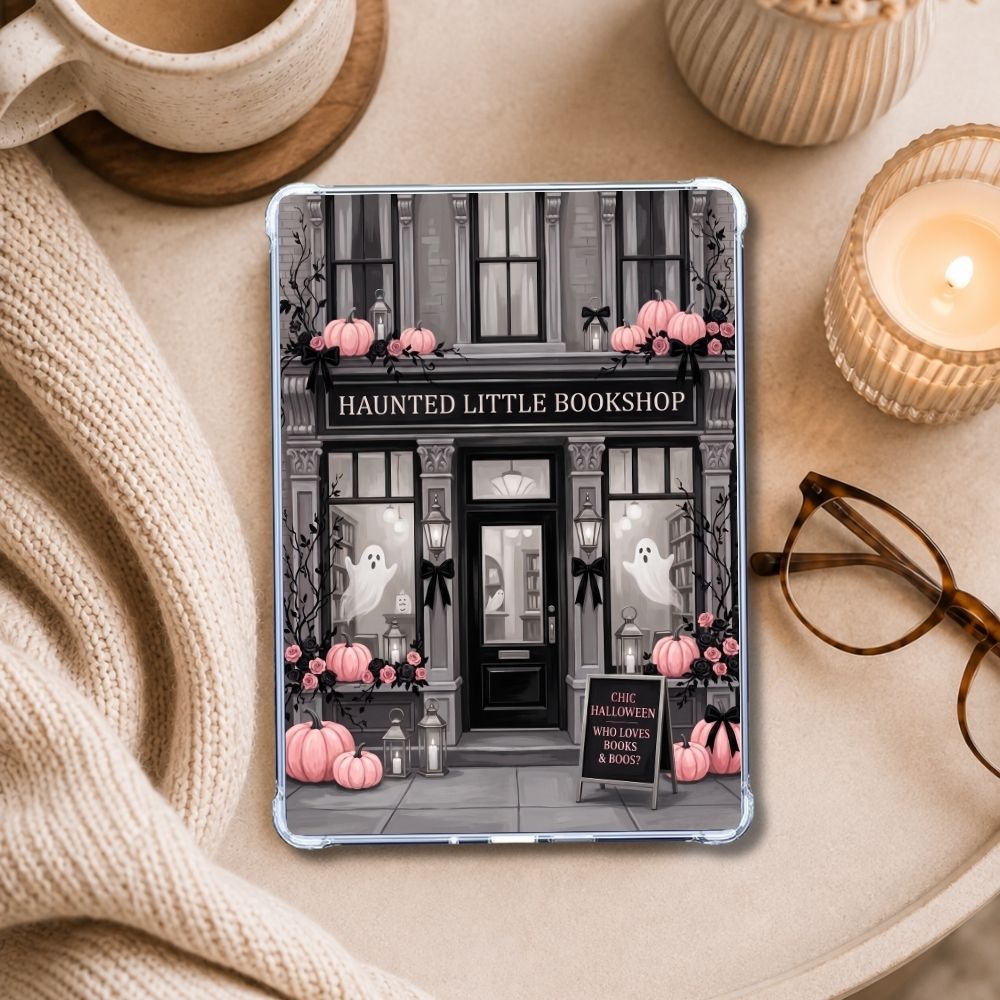 Haunted Little Bookshop Pink & Gray Kindle insert styled in a clear eReader case