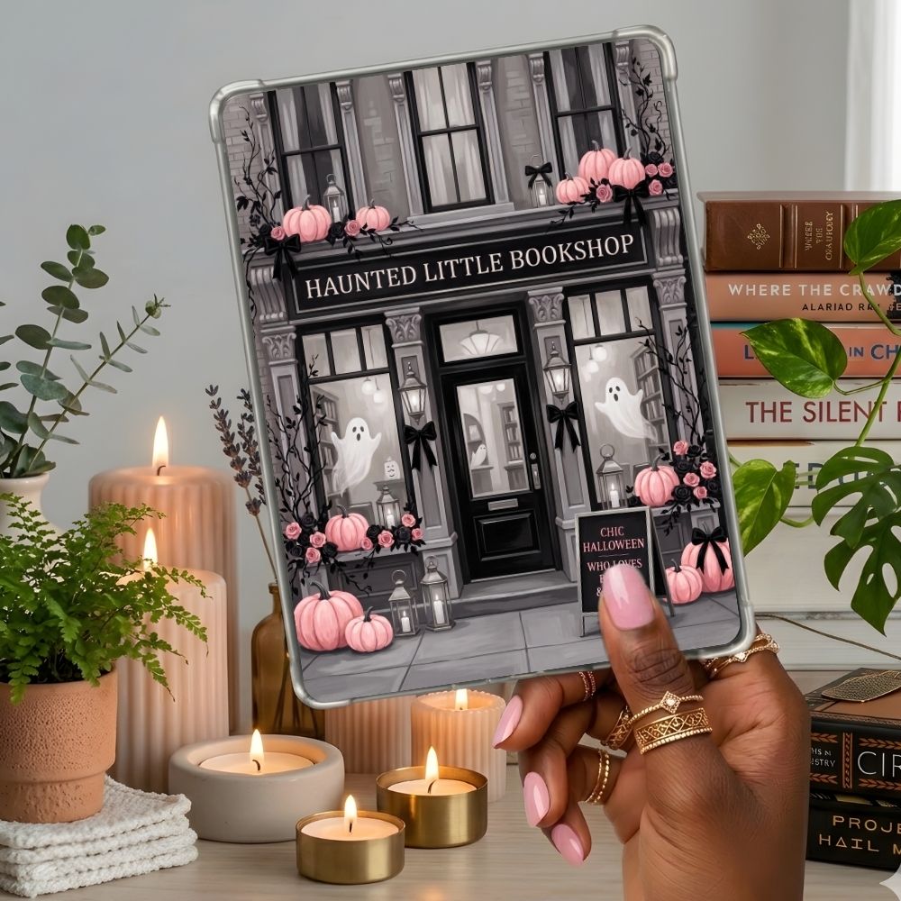 Haunted Little Bookshop Pink & Gray Kindle insert second lifestyle view in a clear eReader case