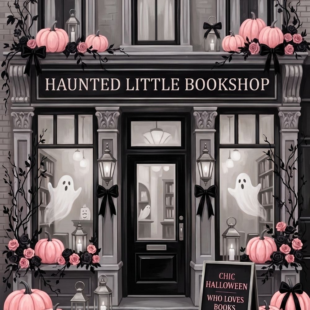 Close-up detail of Haunted Little Bookshop Pink & Gray Kindle insert artwork