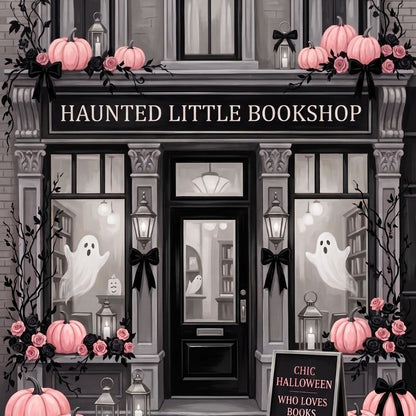 Close-up detail of Haunted Little Bookshop Pink & Gray Kindle insert artwork