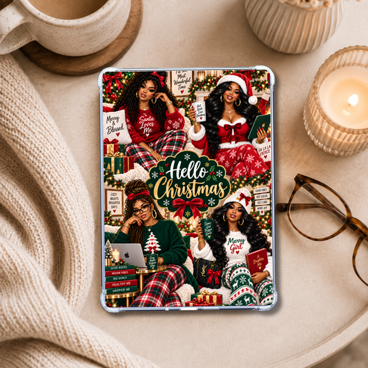 Hello Christmas Plus Size Melanin Girl shown on an eReader in a styled setting