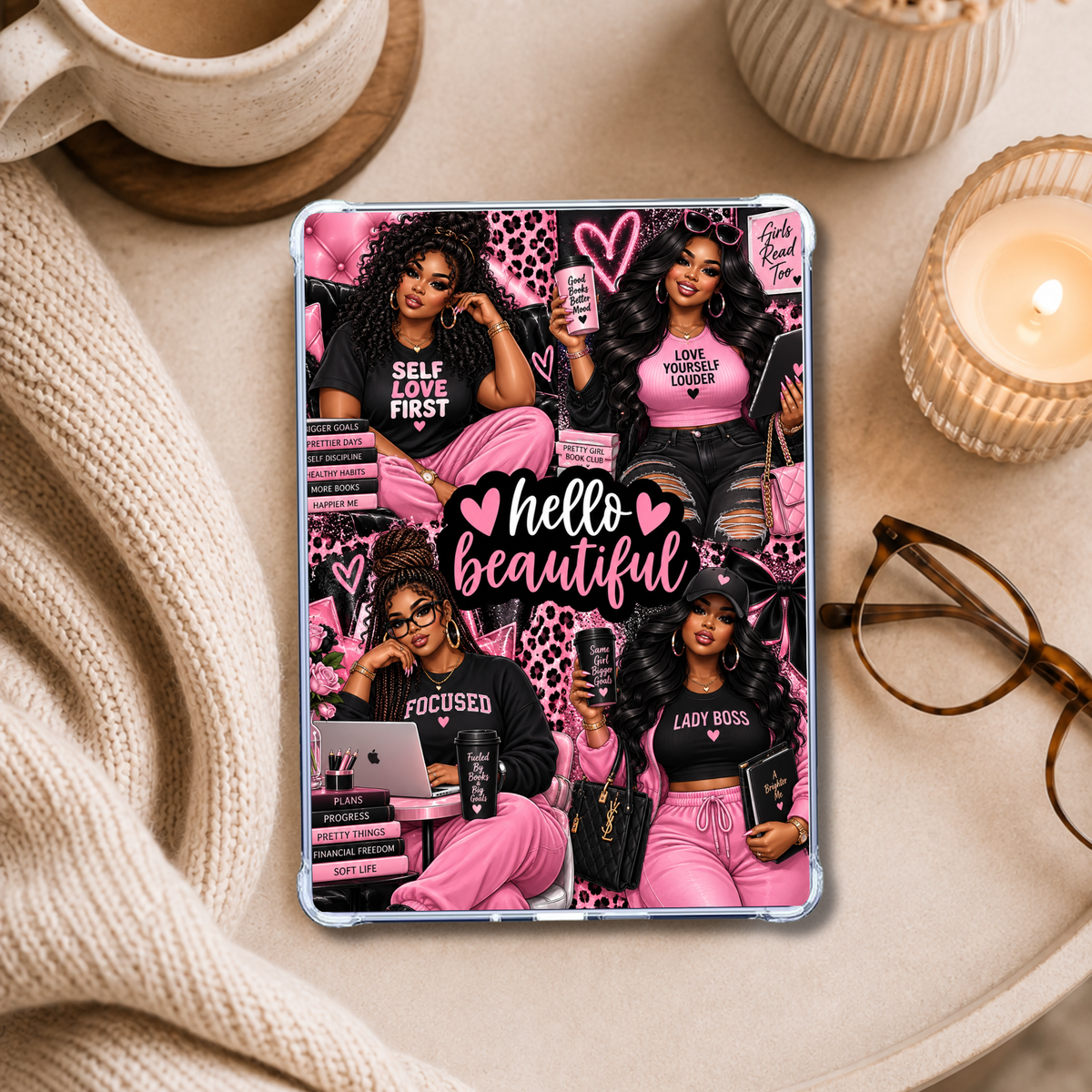 Hello Beautiful Curvy Plus Size Melanin Girls Pink Kindle Insert | Clear Case eReader Decor