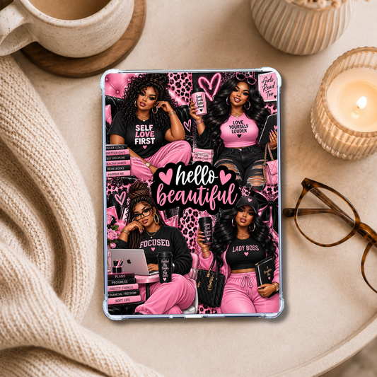 Hello Beautiful Curvy Plus Size Melanin Girls Pink shown on an eReader in a styled setting