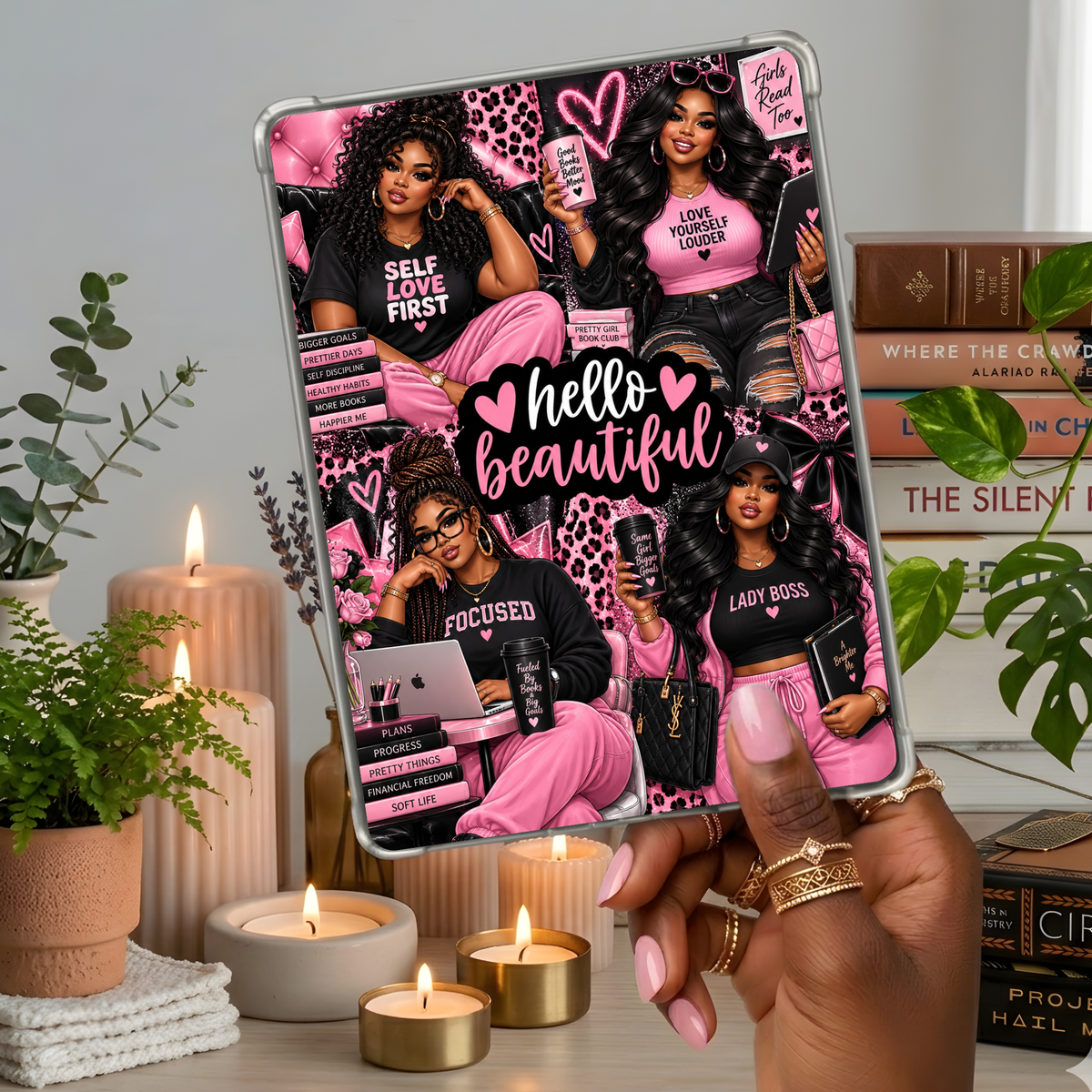 Hello Beautiful Curvy Plus Size Melanin Girls Pink Kindle Insert | Clear Case eReader Decor