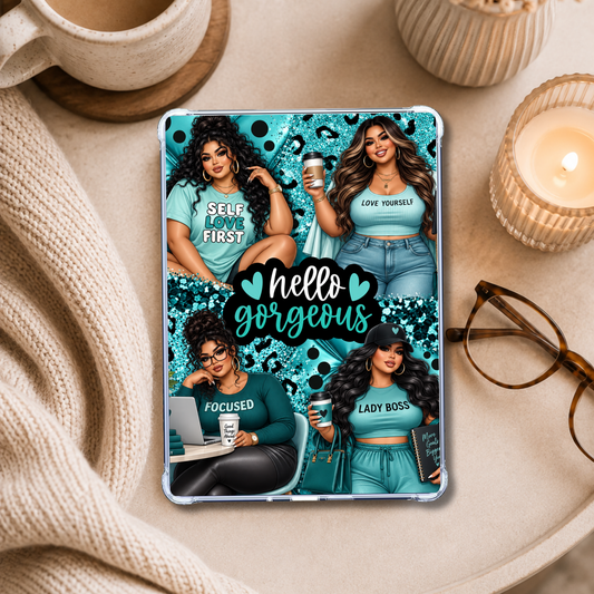 Hello Gorgeous Plus Size Latina Girls Teal Look shown on an eReader in a styled setting