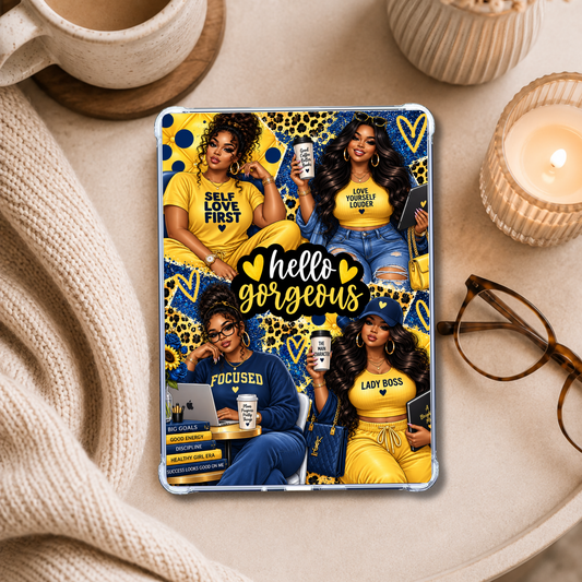 Hello Gorgeous Plus Size Latina Girls Yellow & Blue Look shown on an eReader in a styled setting