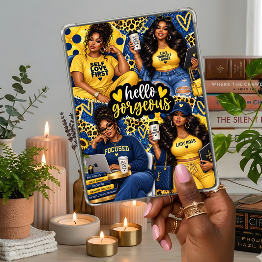 Hello Gorgeous Plus Size Latina Girls Yellow & Blue Look shown on a handheld eReader