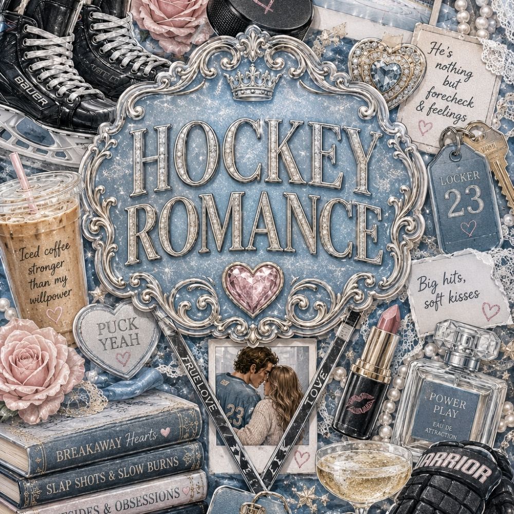 Close-up detail of Hockey Romance Collage Kindle insert artwork