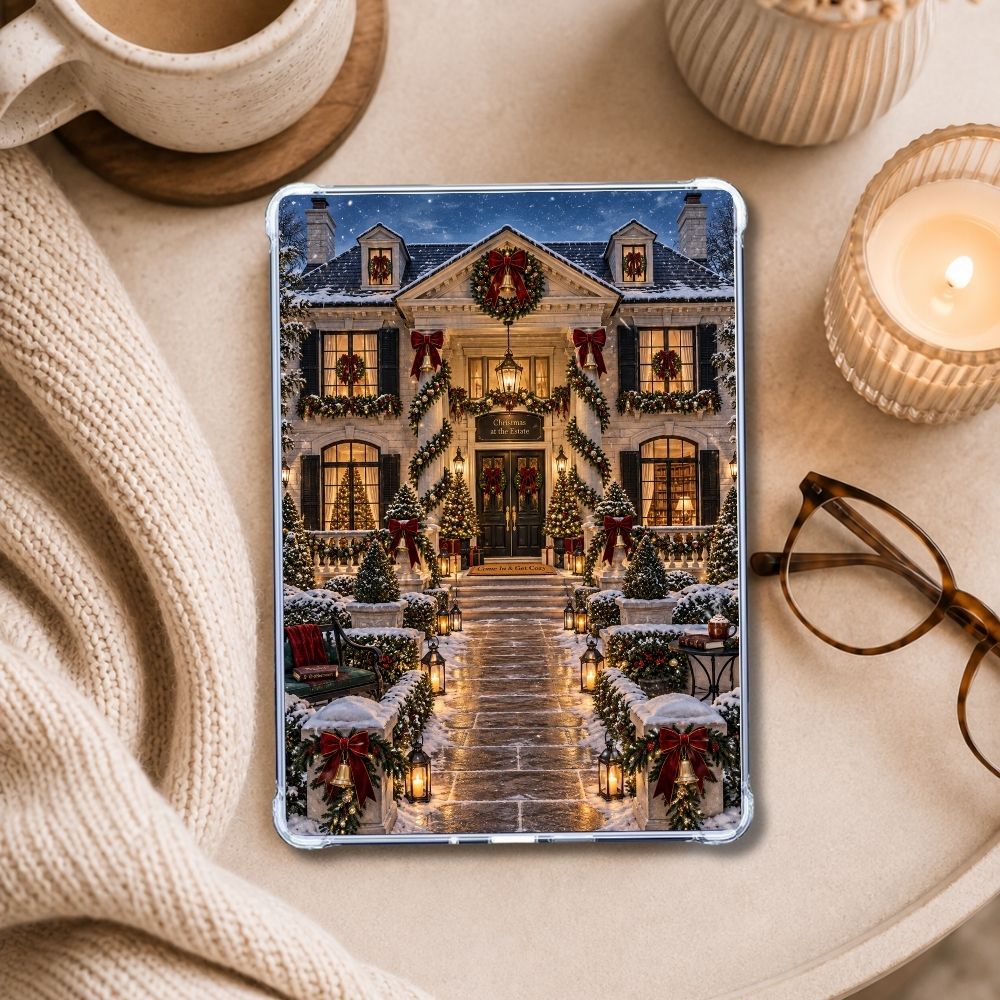 Holiday Mansion Kindle insert styled in a clear eReader case