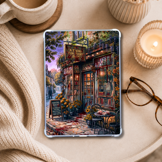Hunting You Bloody Bookstore shown on an eReader in a styled setting