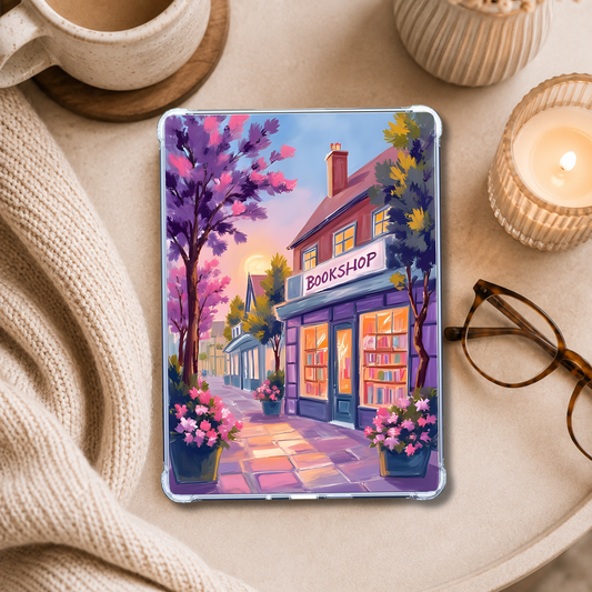 Idyllic Scene Bookshop shown on an eReader in a styled setting