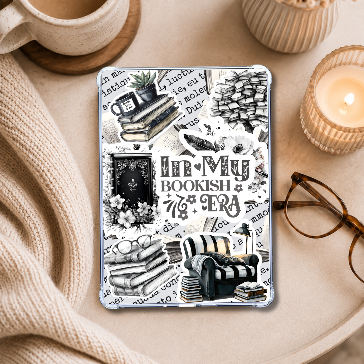 In My Bookish Era Black Sticker Look shown on an eReader in a styled setting