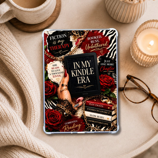 Lacy & Animal Print White Girl Kindle Era shown on an eReader in a styled setting