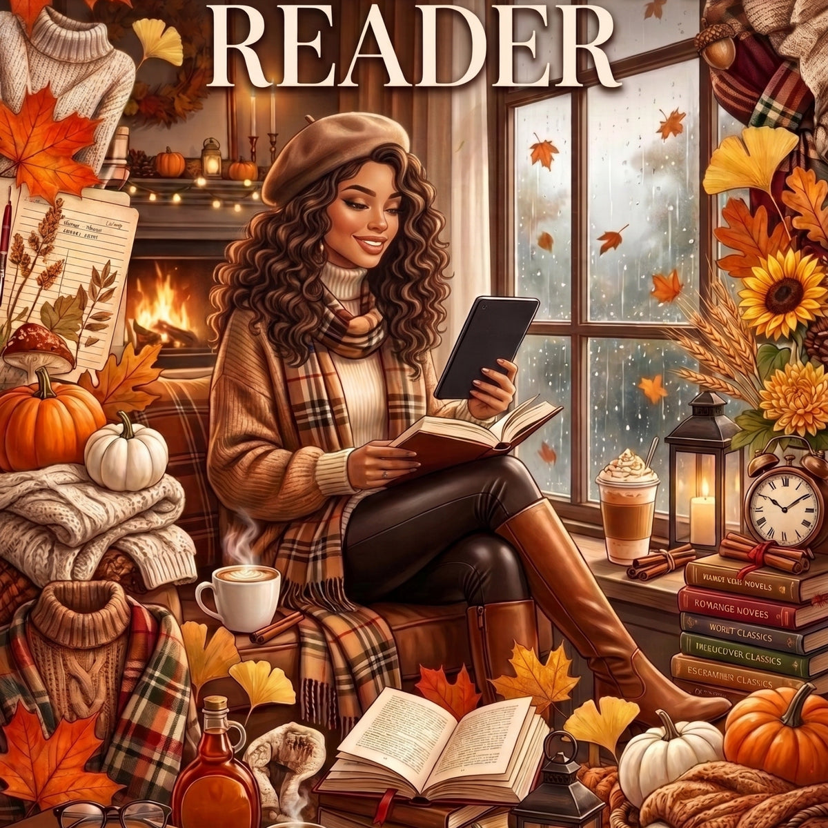 Latina Cozy Autumn Reader artwork close-up