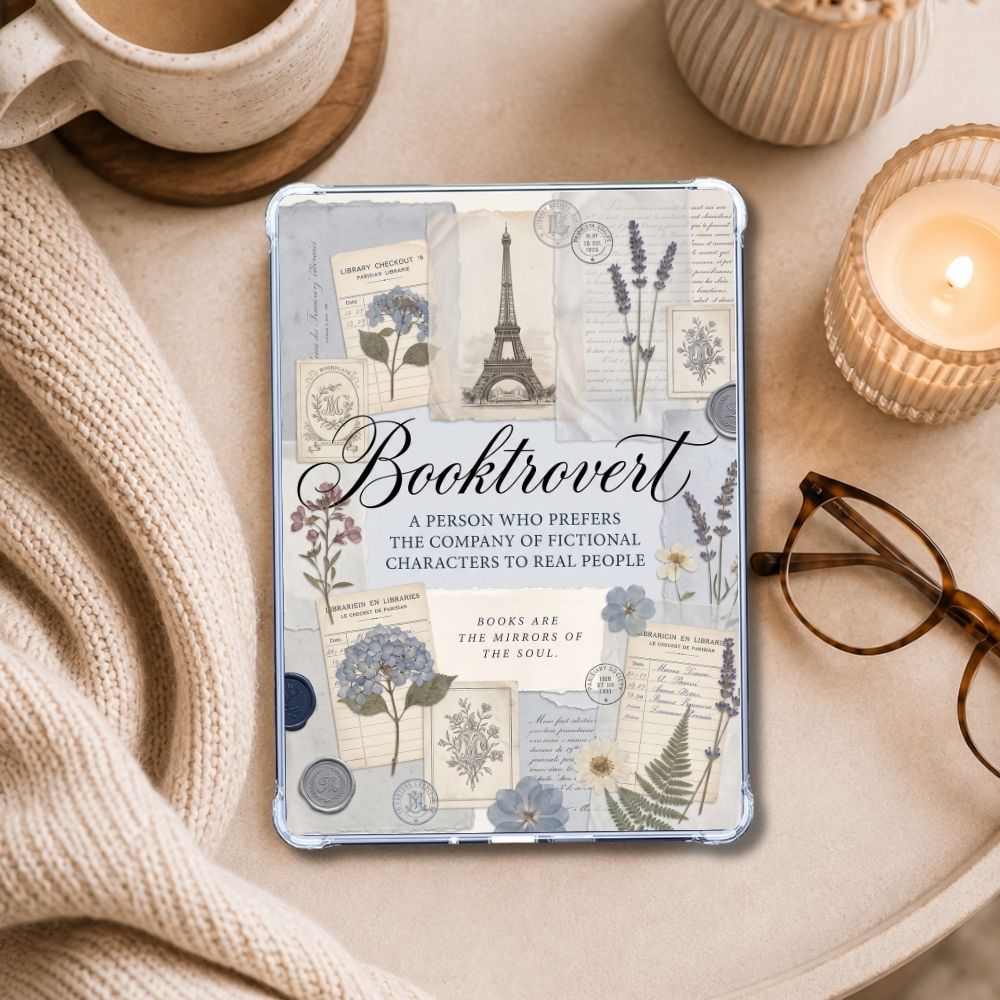 Light Blue Pressed Flowers Reader Kindle insert styled in a clear eReader case