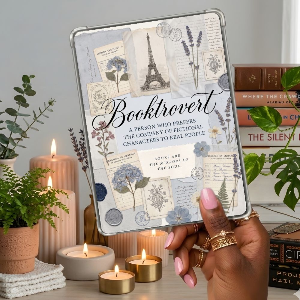 Light Blue Pressed Flowers Reader Kindle insert second lifestyle view in a clear eReader case