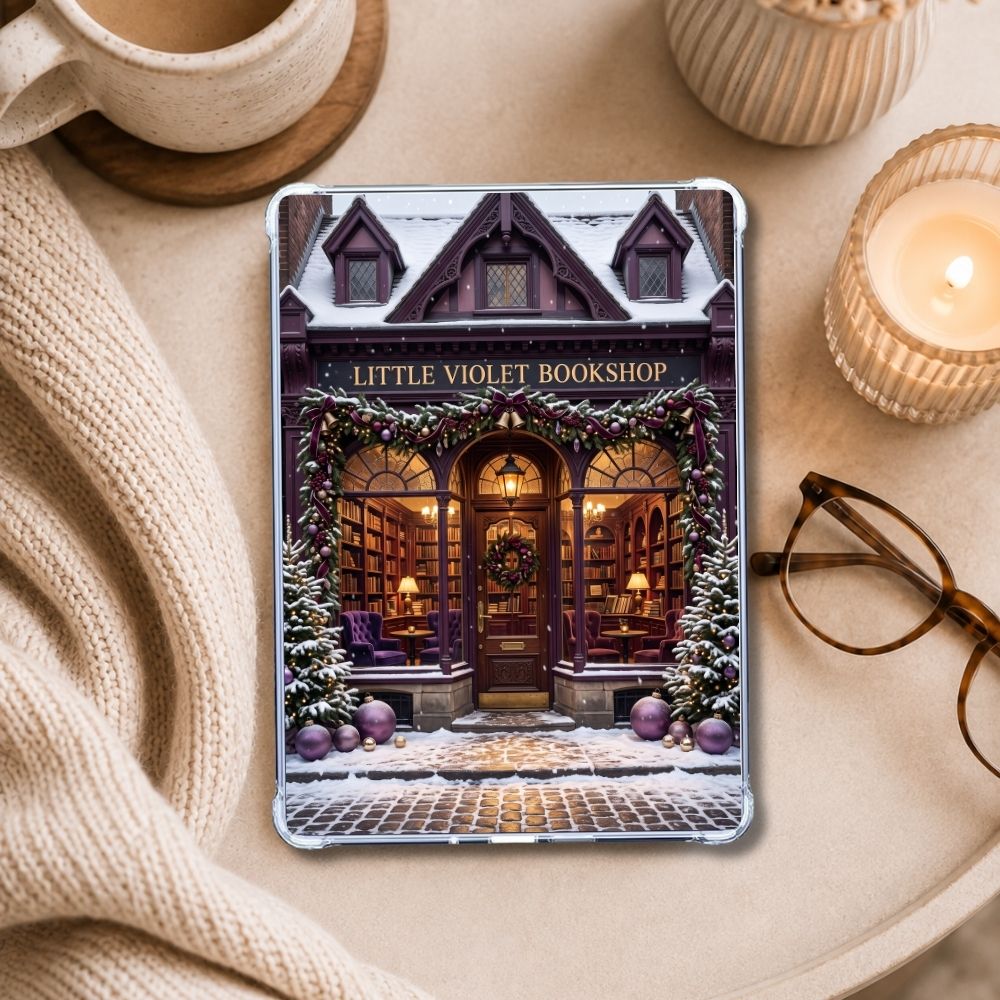 Little Violet Bookshop Kindle insert styled in a clear eReader case