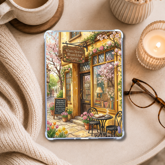 Loves Literature Spring Bookstore shown on an eReader in a styled setting