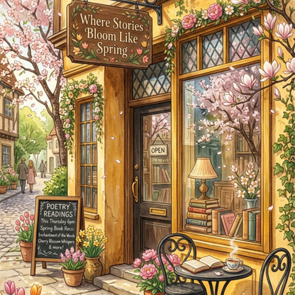 Loves Literature Spring Bookstore artwork close-up