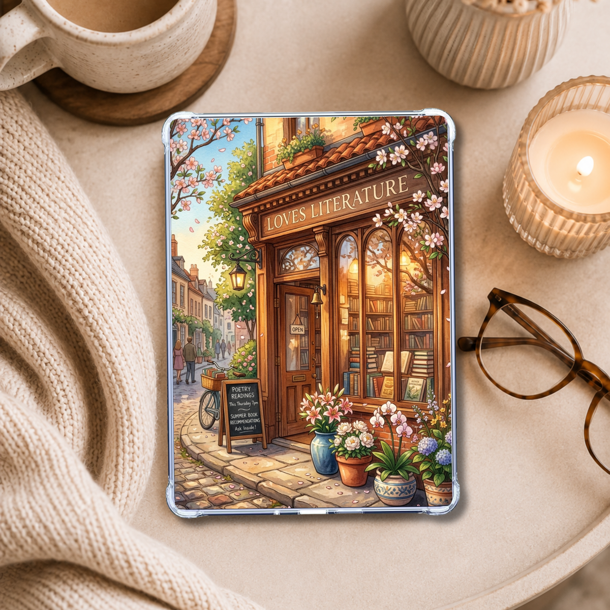 Loves Literature Summer Bookstore shown on an eReader in a styled setting