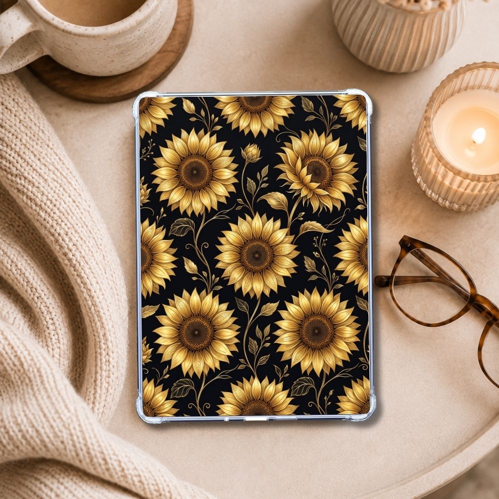 Luxury Sunflower Kindle insert styled in a clear eReader case