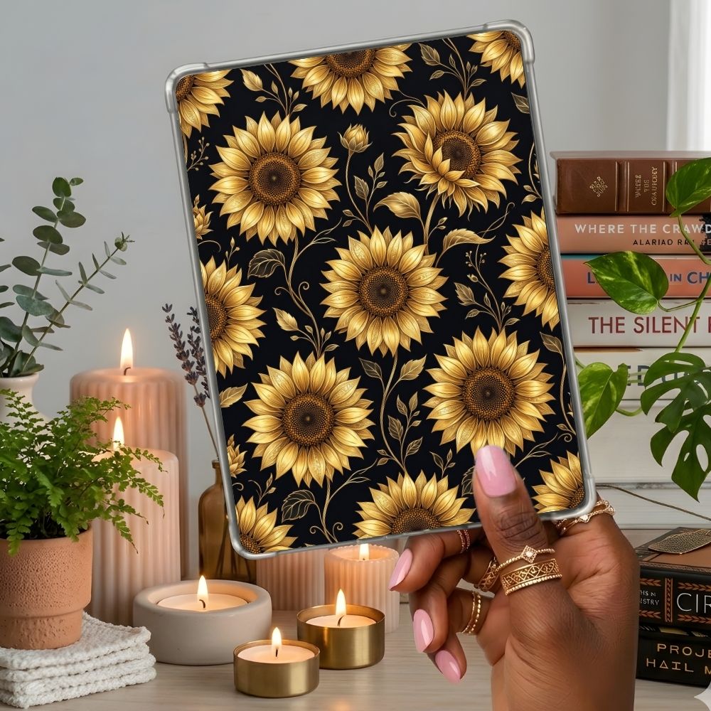 Luxury Sunflower Kindle insert second lifestyle view in a clear eReader case