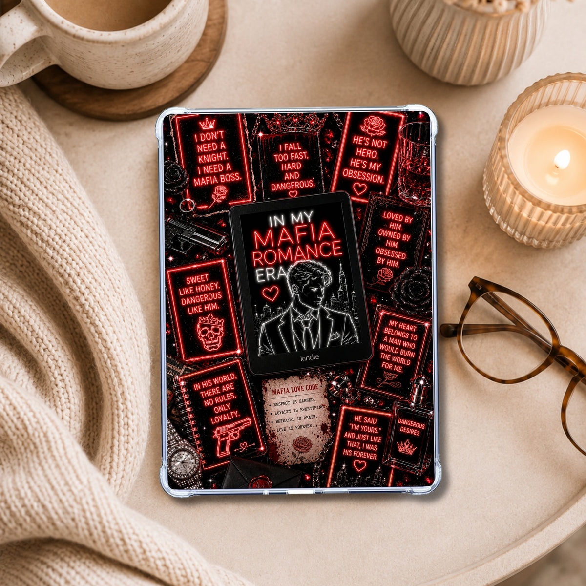 Mafia Reader Neon Lights shown on an eReader in a styled setting