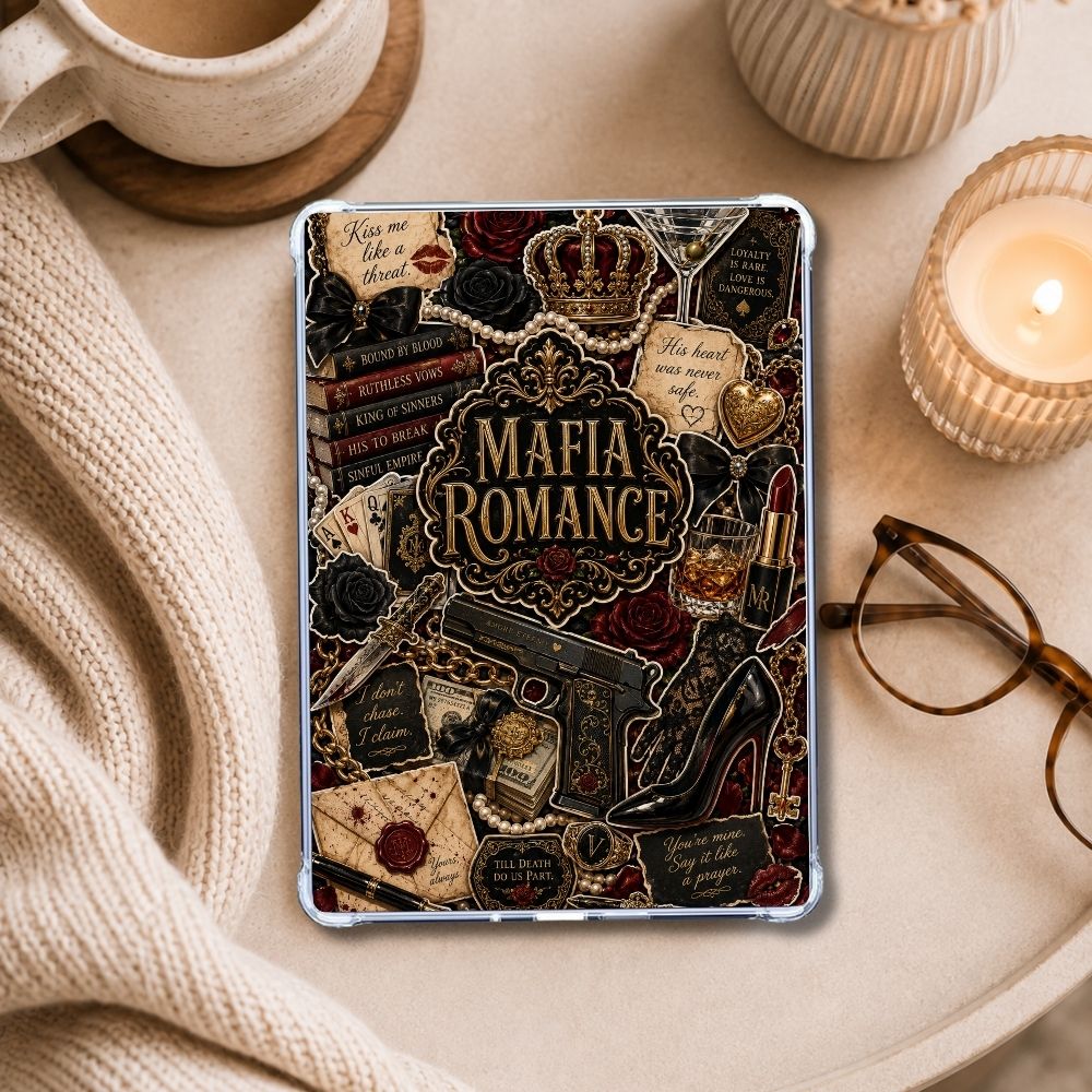 Mafia Romance Collage Kindle insert styled in a clear eReader case