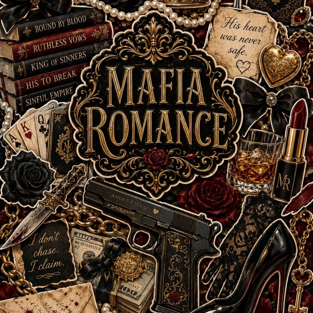 Close-up detail of Mafia Romance Collage Kindle insert artwork