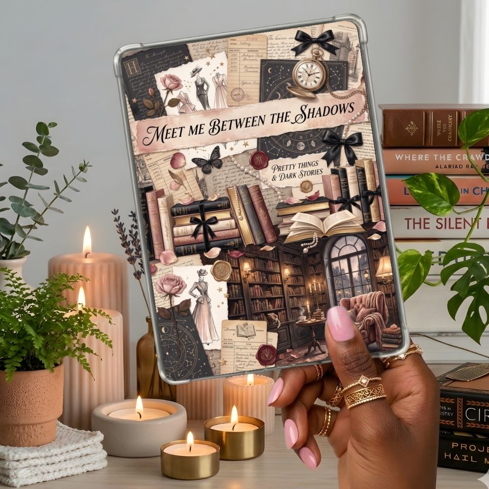 Meet Between the Shadows Kindle insert second lifestyle view in a clear eReader case