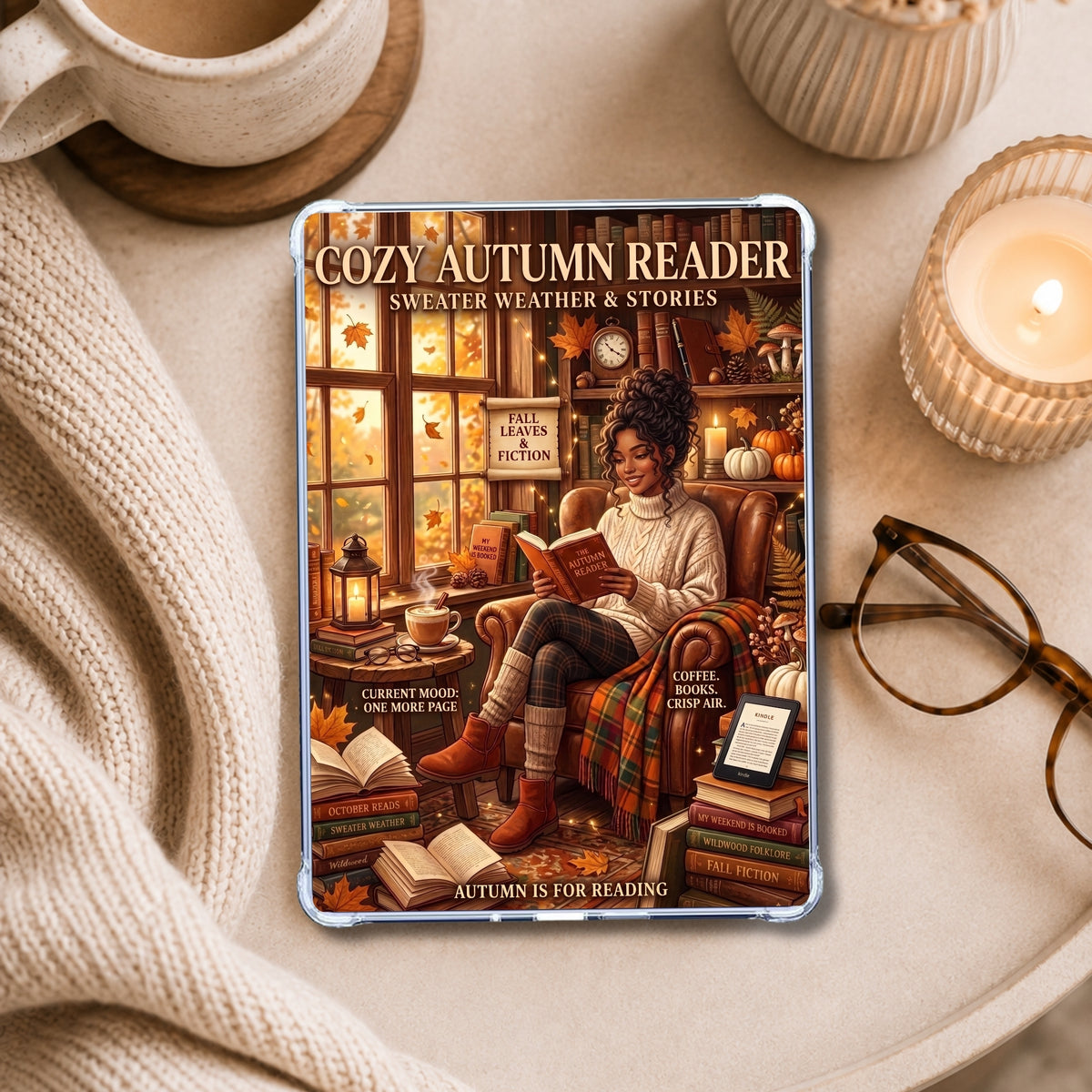 Melanin Fall Reader shown on an eReader in a styled setting