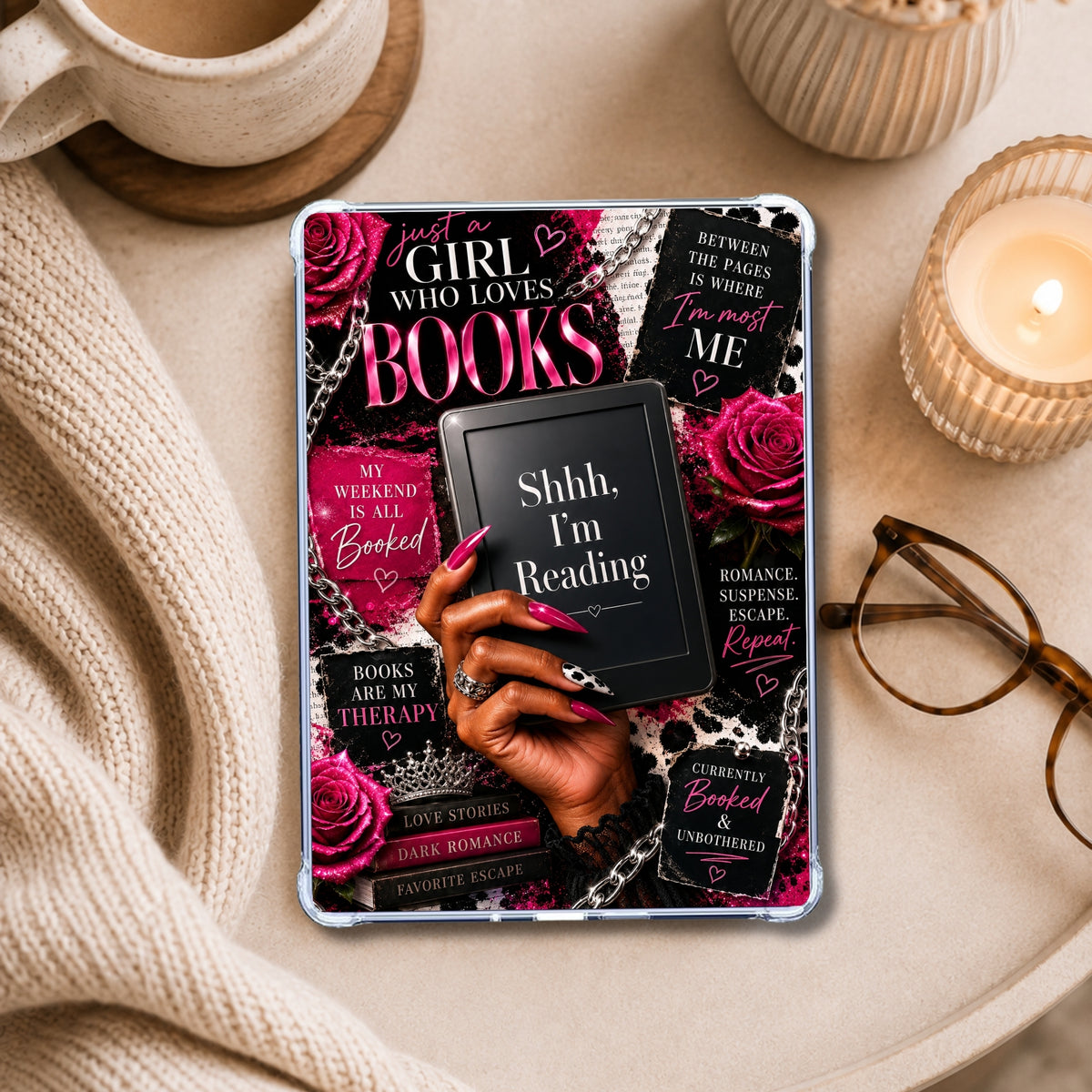 Melanin Girl Pink Luxury Shhhh shown on an eReader in a styled setting