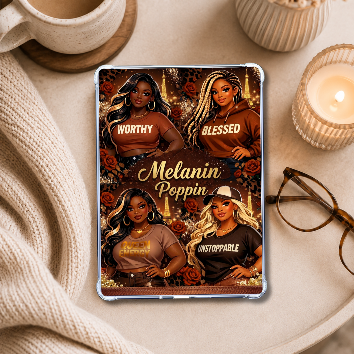 Melanin Poppin Girls shown on an eReader in a styled setting