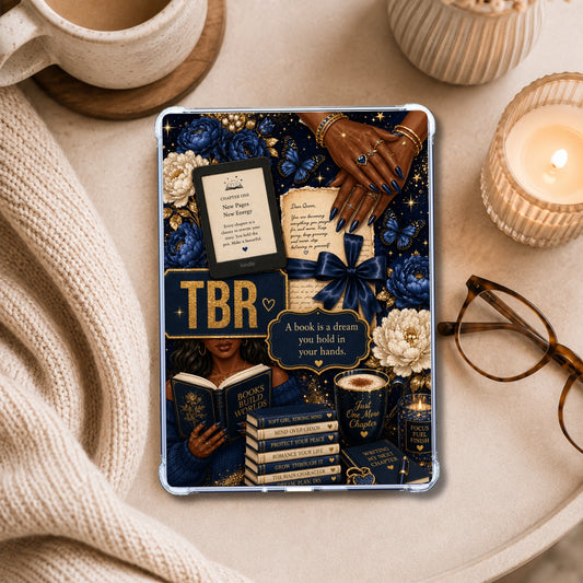 Midnight Blue TBR shown on an eReader in a styled setting