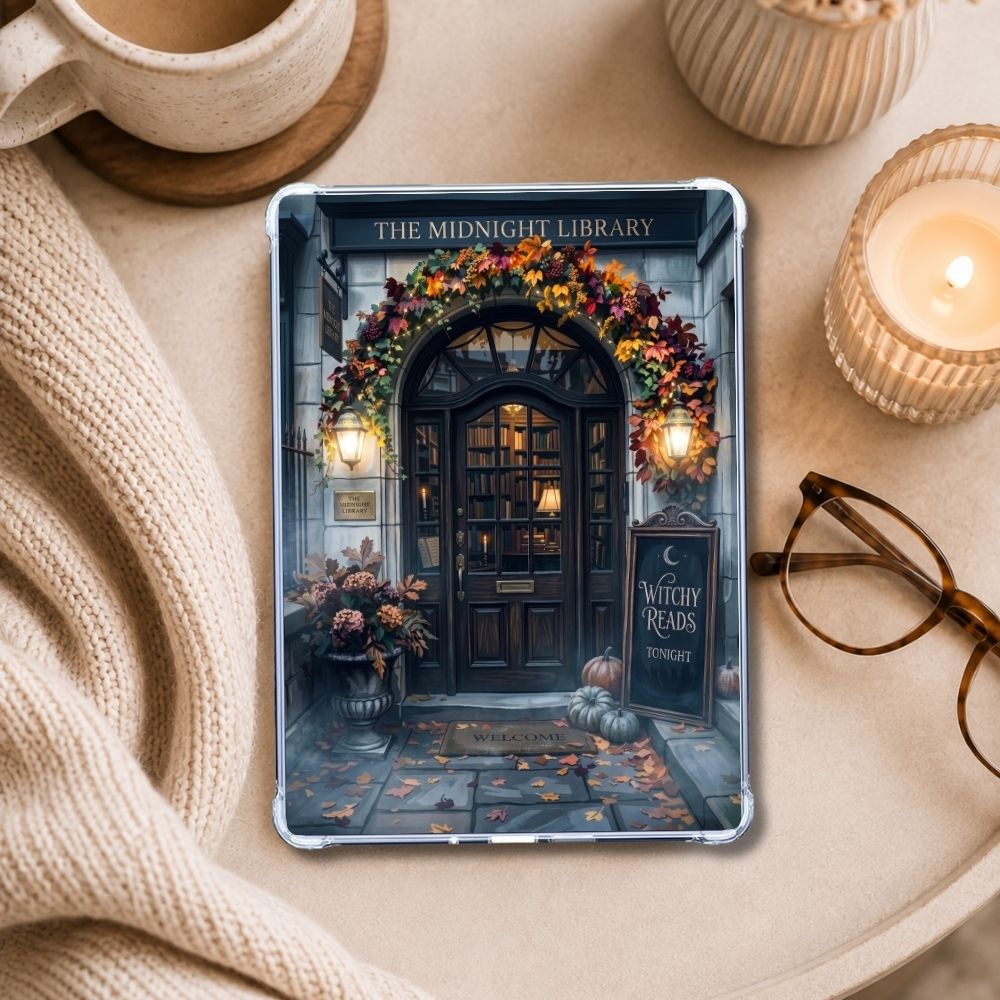 Midnight Library Kindle insert styled in a clear eReader case