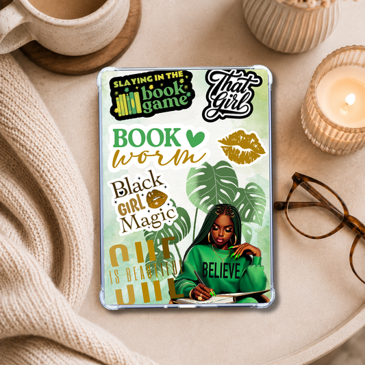 Green and Yellow Black Girl Magic shown on an eReader in a styled setting