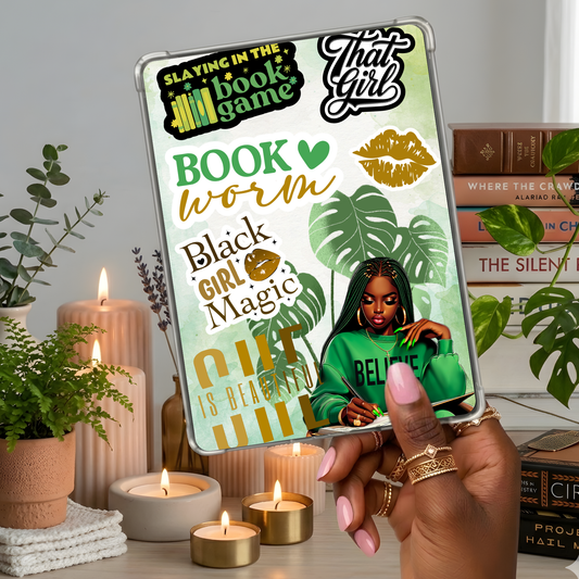 Green and Yellow Black Girl Magic shown on a handheld eReader