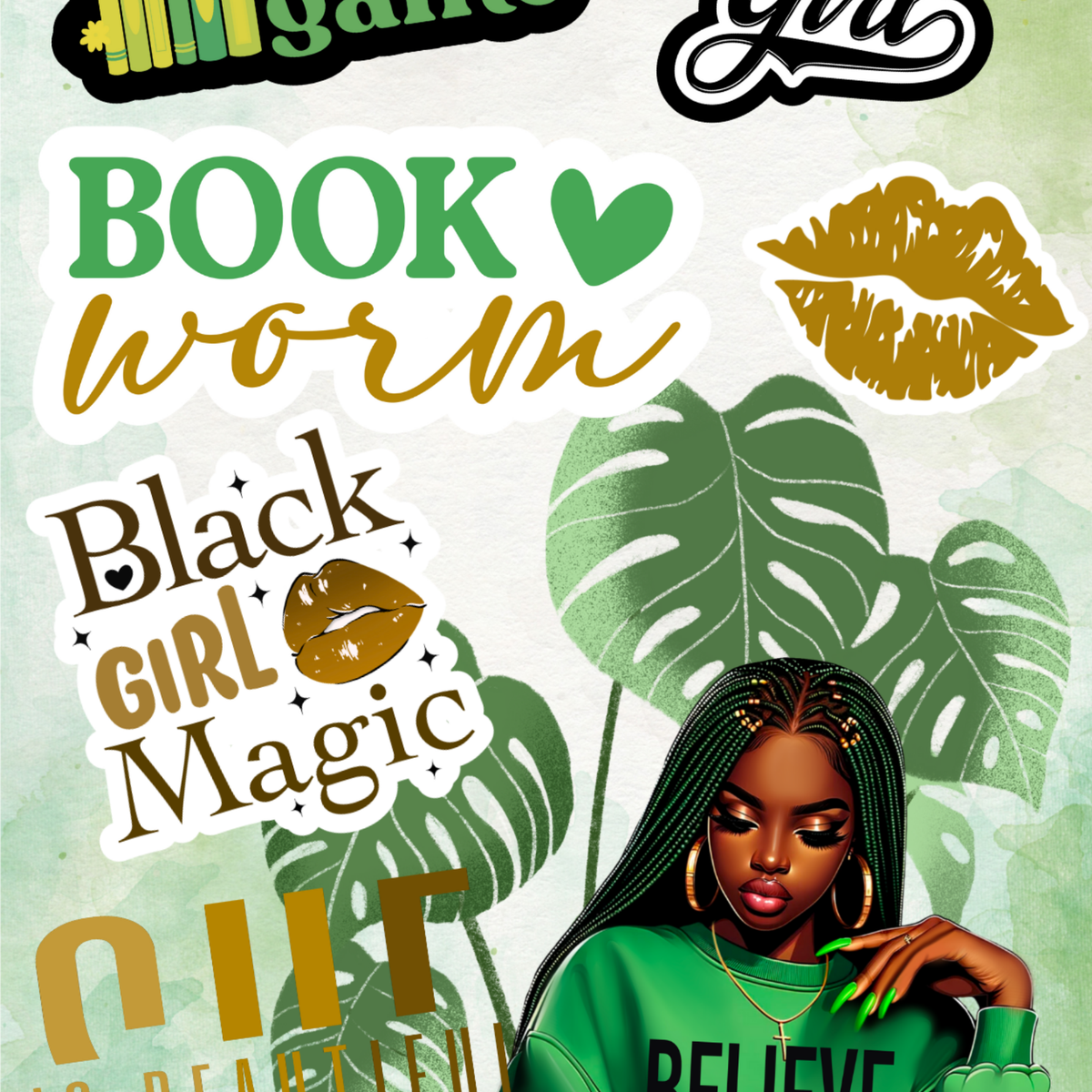 Green and Yellow Black Girl Magic artwork close-up