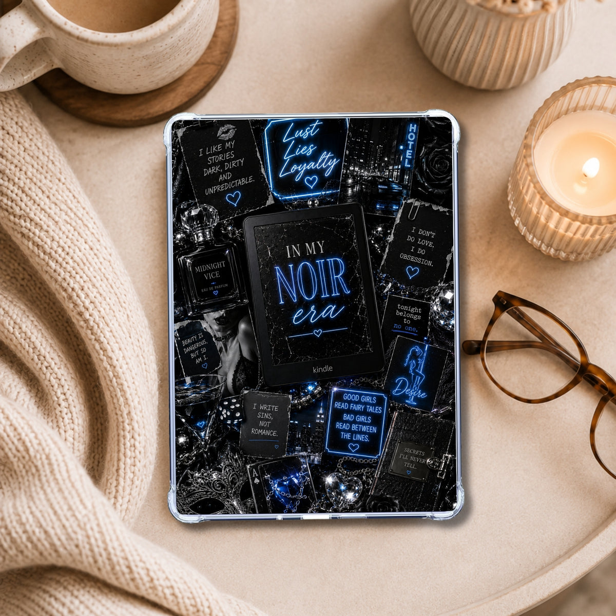 Noir Era Neon Lights shown on an eReader in a styled setting