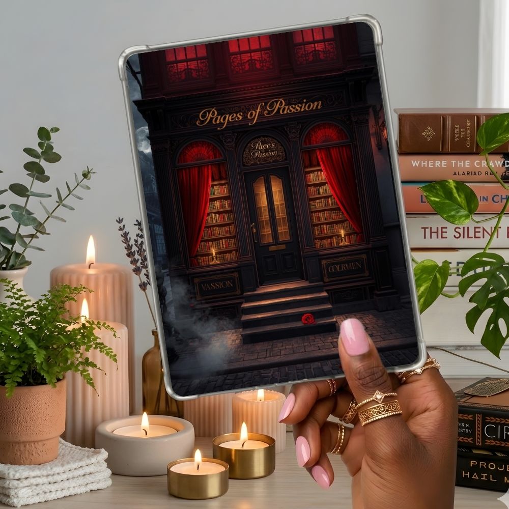 Pages of Passion Kindle insert second lifestyle view in a clear eReader case