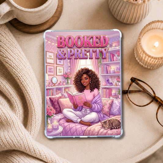 Pastel Black Girl & Kitty shown on an eReader in a styled setting