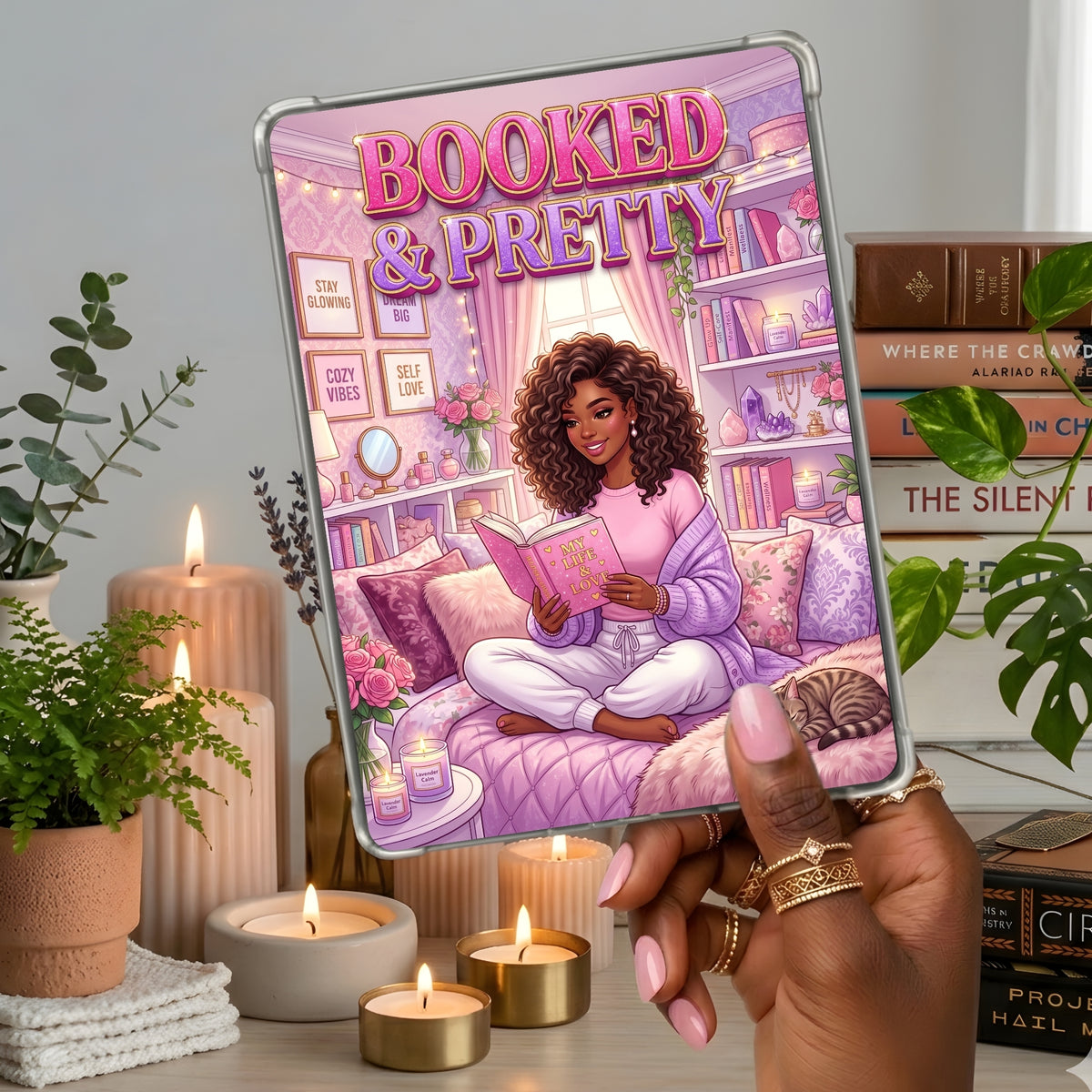 Pastel Black Girl & Kitty shown on a handheld eReader