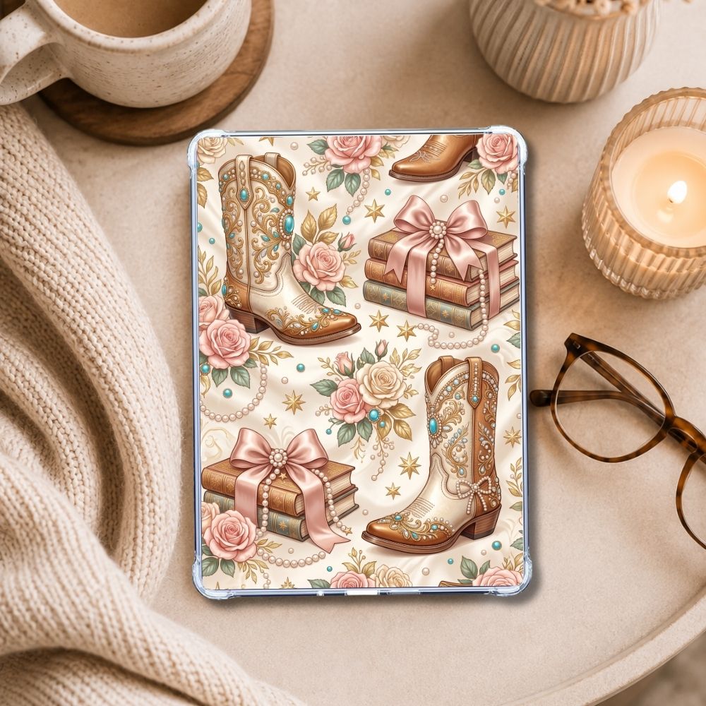 Pearls and Cowgirl Boots Kindle insert styled in a clear eReader case
