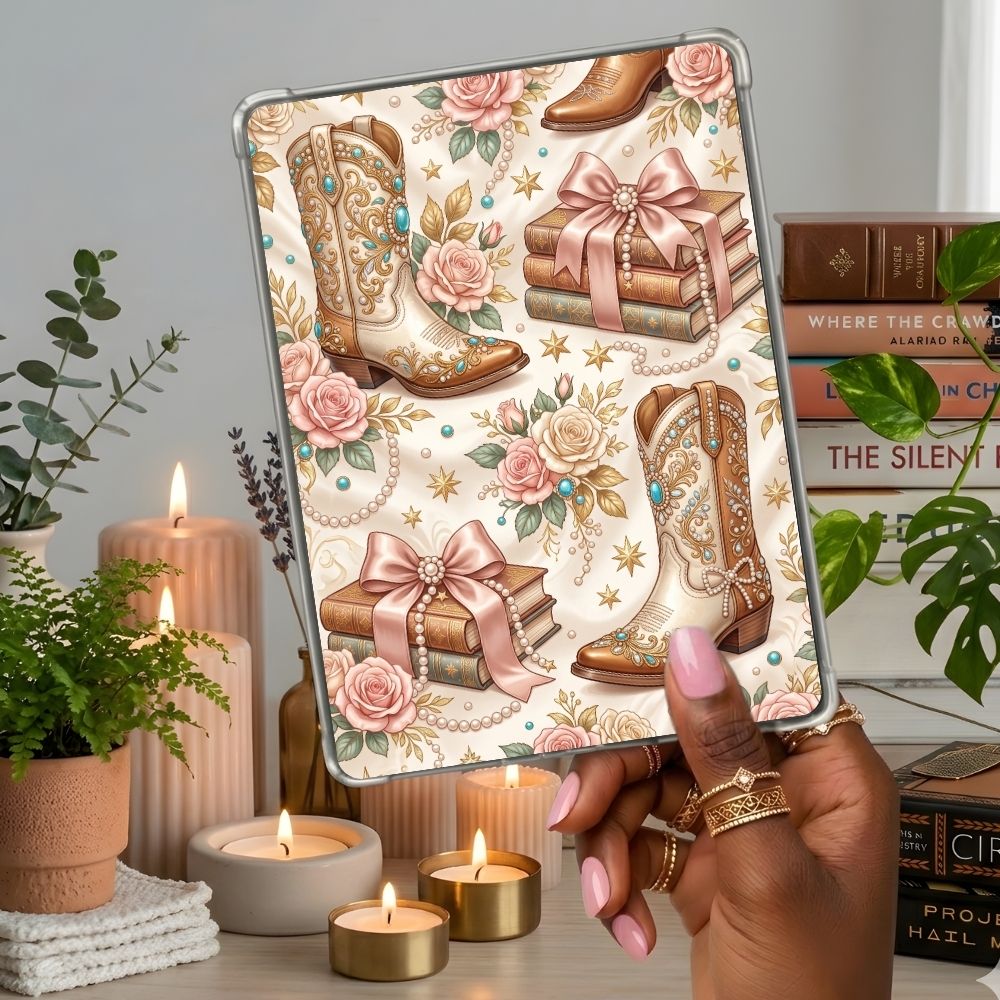 Pearls and Cowgirl Boots Kindle insert second lifestyle view in a clear eReader case