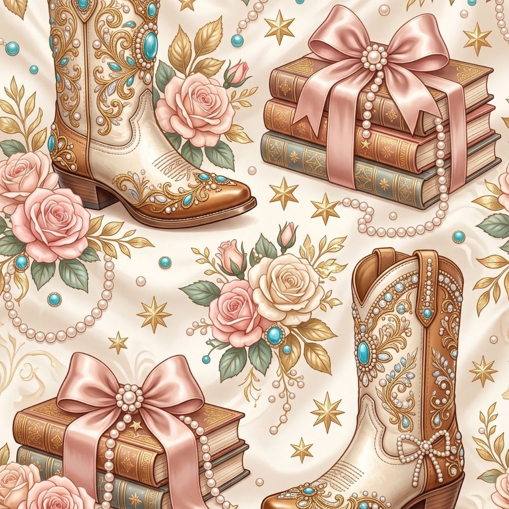 Close-up detail of Pearls and Cowgirl Boots Kindle insert artwork