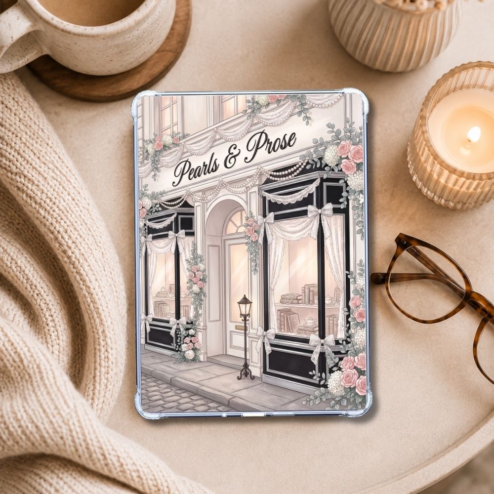 Pearls and Prose Kindle insert styled in a clear eReader case