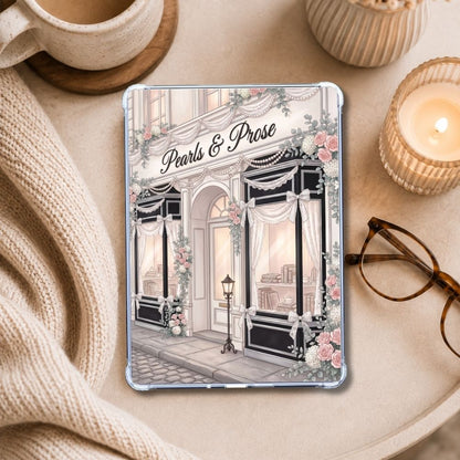 Pearls and Prose Kindle insert styled in a clear eReader case